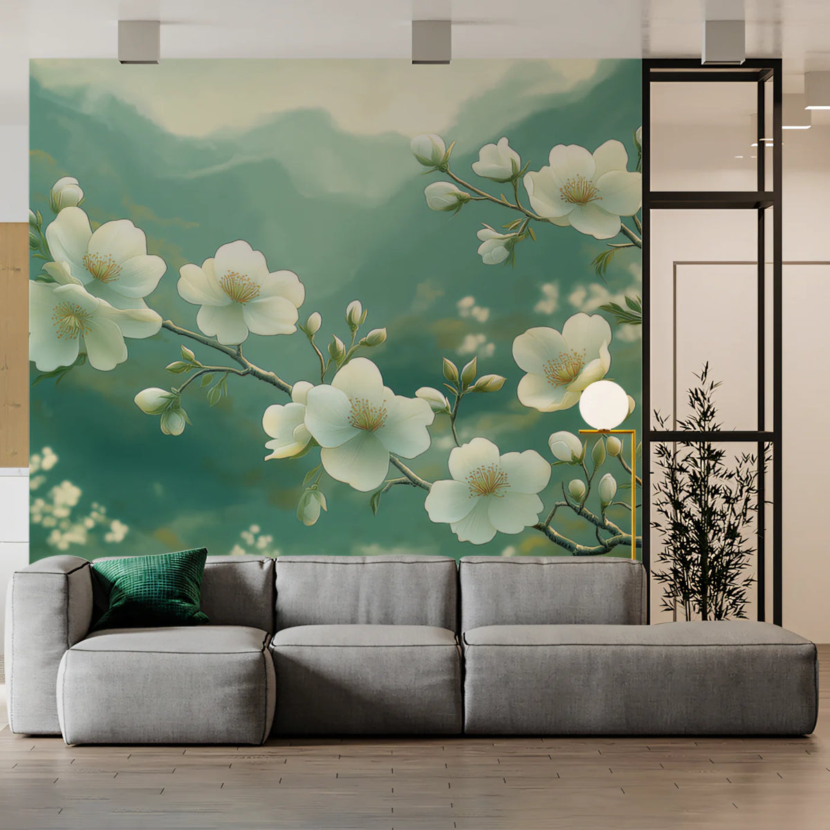 Mountain Blossom Mural Wallpaper — Soft Sage Botanical Mural Mural Wallpaper - pure wallpaper artwork