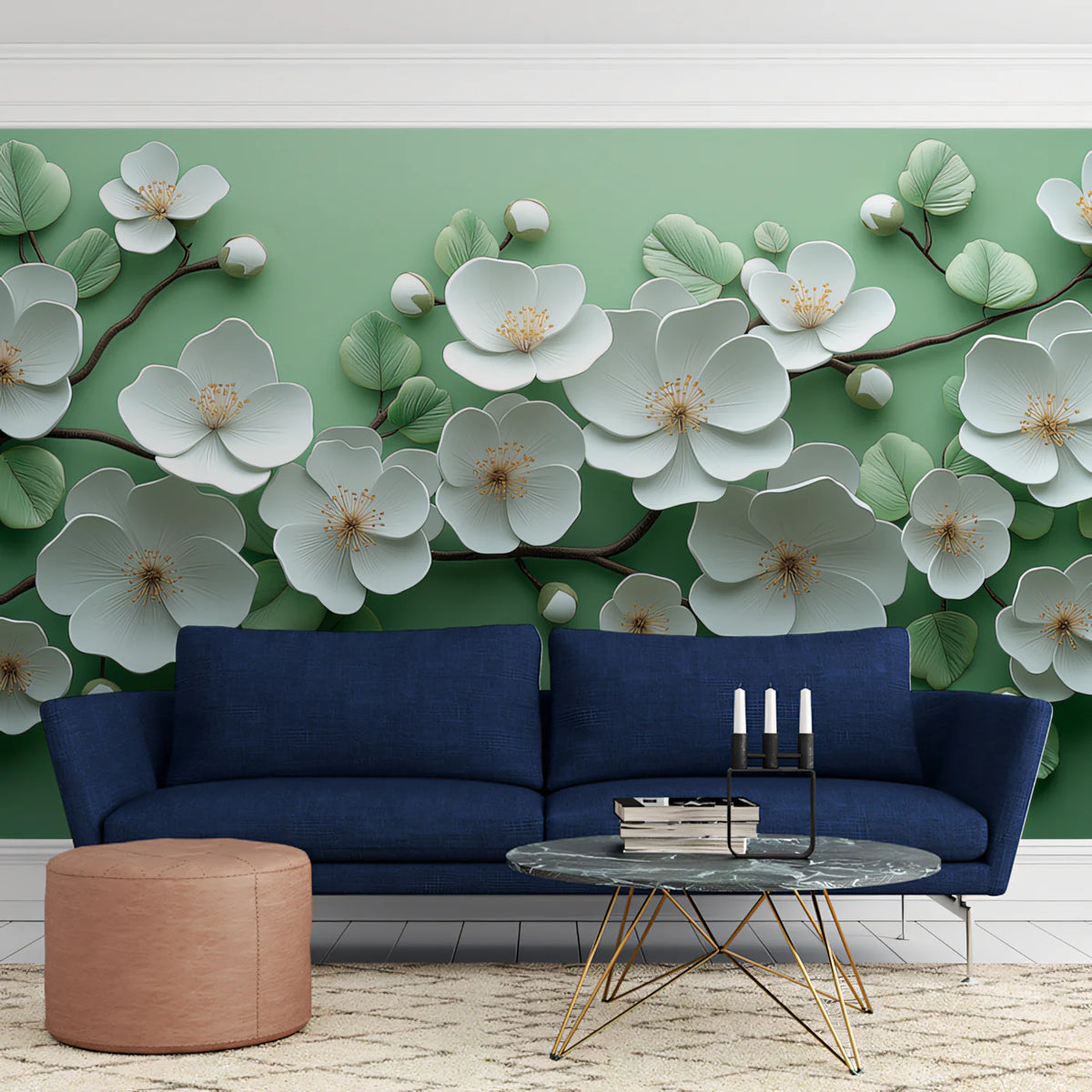 White Dogwood Bloom Mural Wallpaper — Soft Sage Nature Design Mural Wallpaper - pure wallpaper artwork