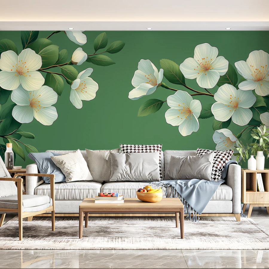 White Blossom Branch Mural Wallpaper — Botanical Nature Design Mural Wallpaper
