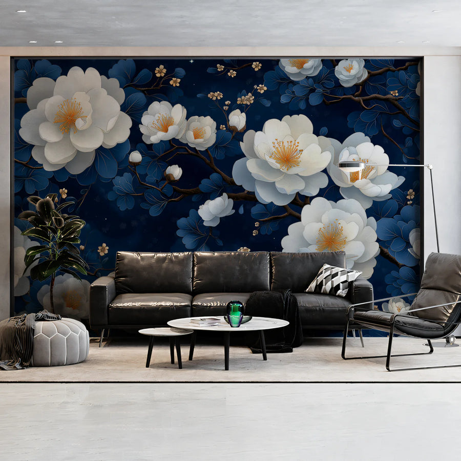 Midnight Bloom Mural Wallpaper — Floral Botanical Design Mural Wallpaper
