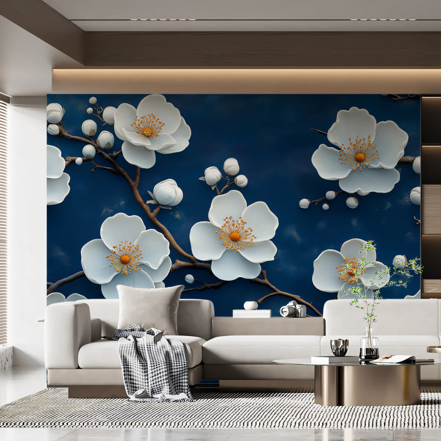 Midnight Bloom Mural Wallpaper — Elegant White Floral Branch Design Mural Wallpaper