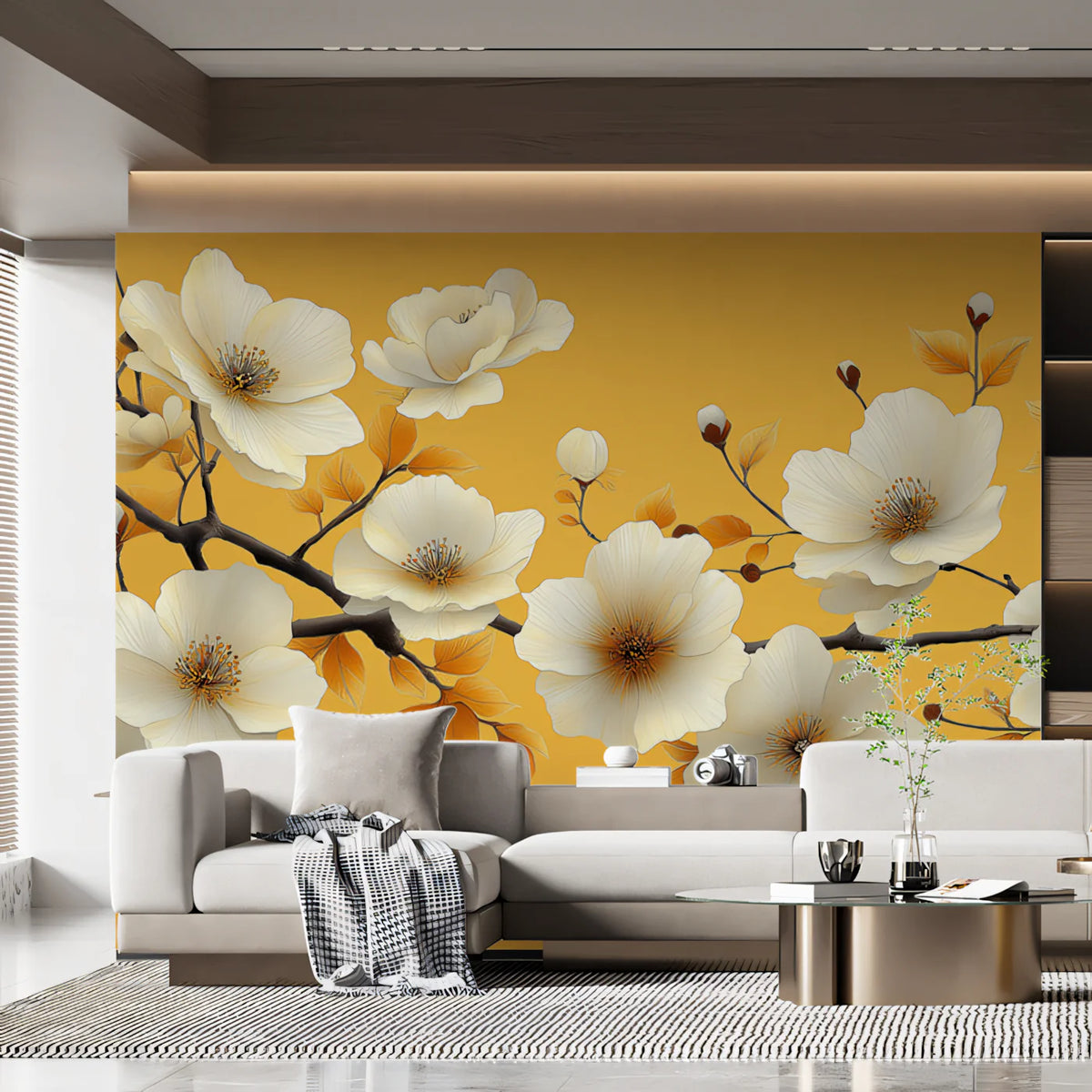 Golden Hour Floral Branch Mural Wallpaper — Botanical Art Mural Wallpaper - pure wallpaper artwork