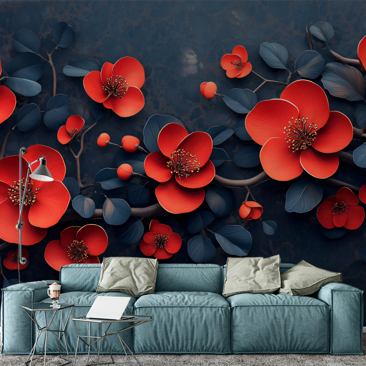 Scarlet Floral Mural Wallpaper — Modern Botanical Statement Mural Wallpaper - pure wallpaper artwork