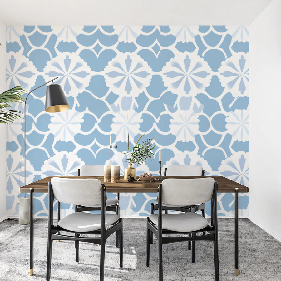 Blue and White Floral Damask Mural Wallpaper — Classic Pattern Mural Wallpaper