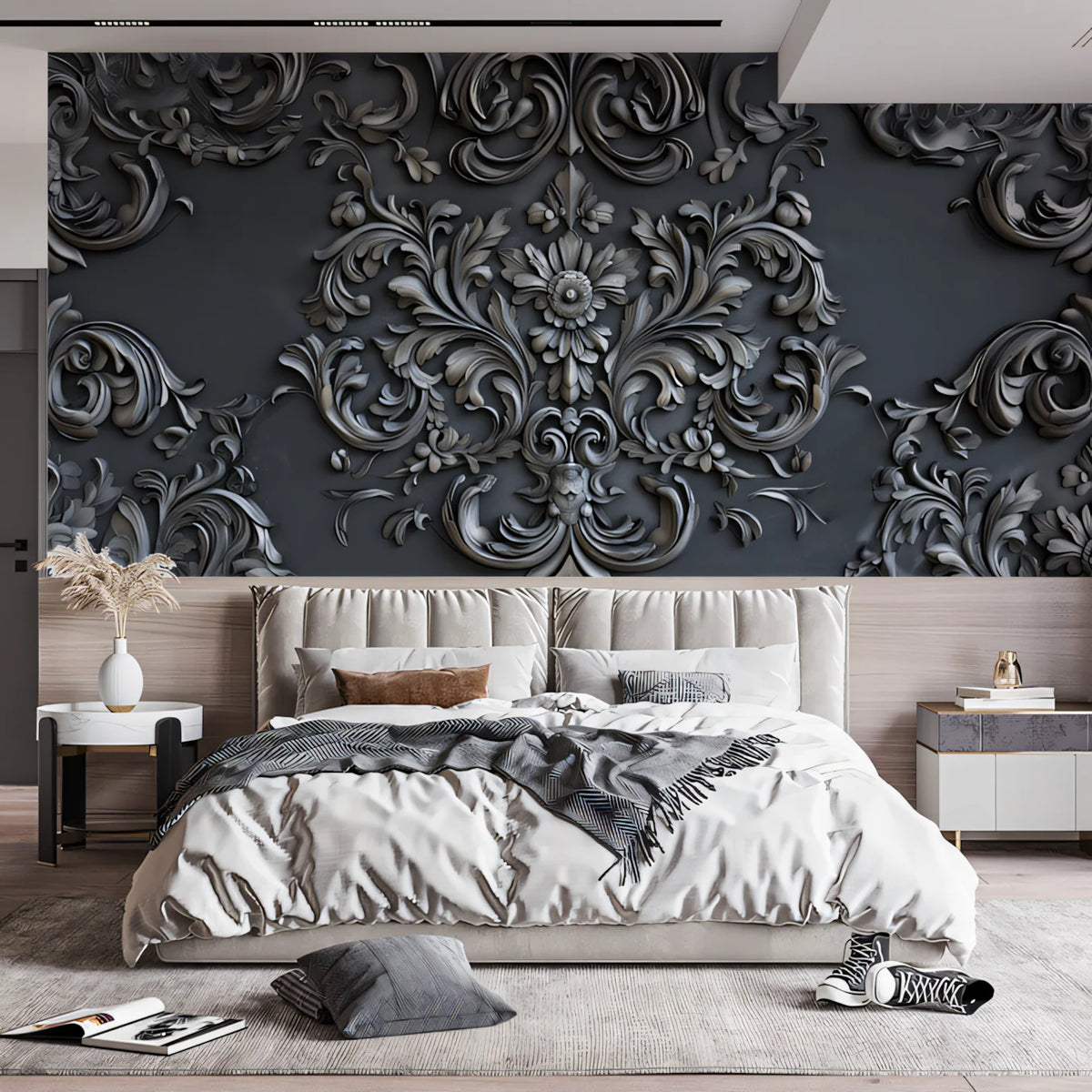 Ornate Baroque Damask Mural Wallpaper — Charcoal Relief Pattern Mural Wallpaper - pure wallpaper artwork