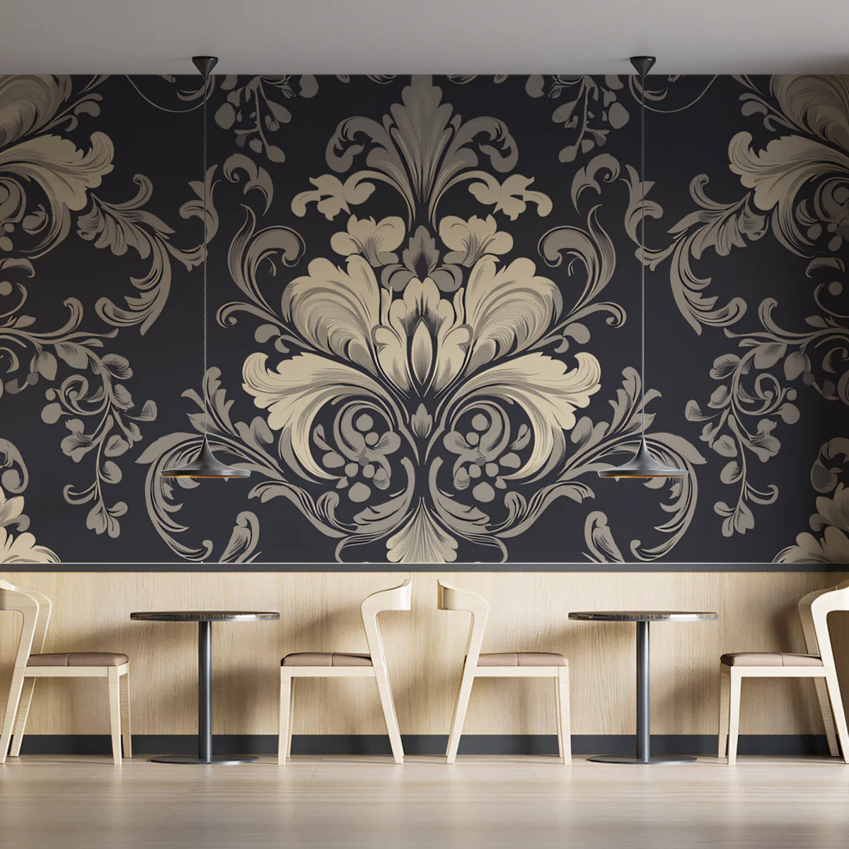 Ornate Damask Mural Wallpaper — Classic Charcoal and Cream Mural Wallpaper - pure wallpaper artwork