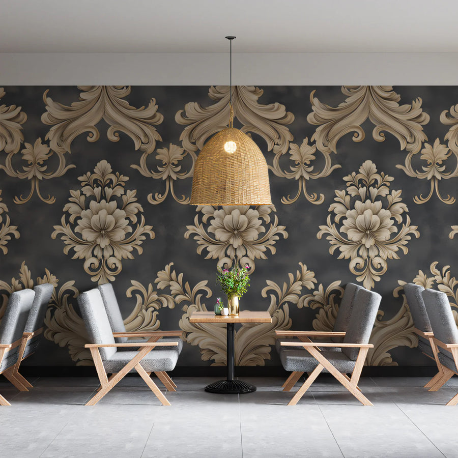 Damask Baroque Mural Wallpaper — Charcoal and Beige Ornate Design Mural Wallpaper