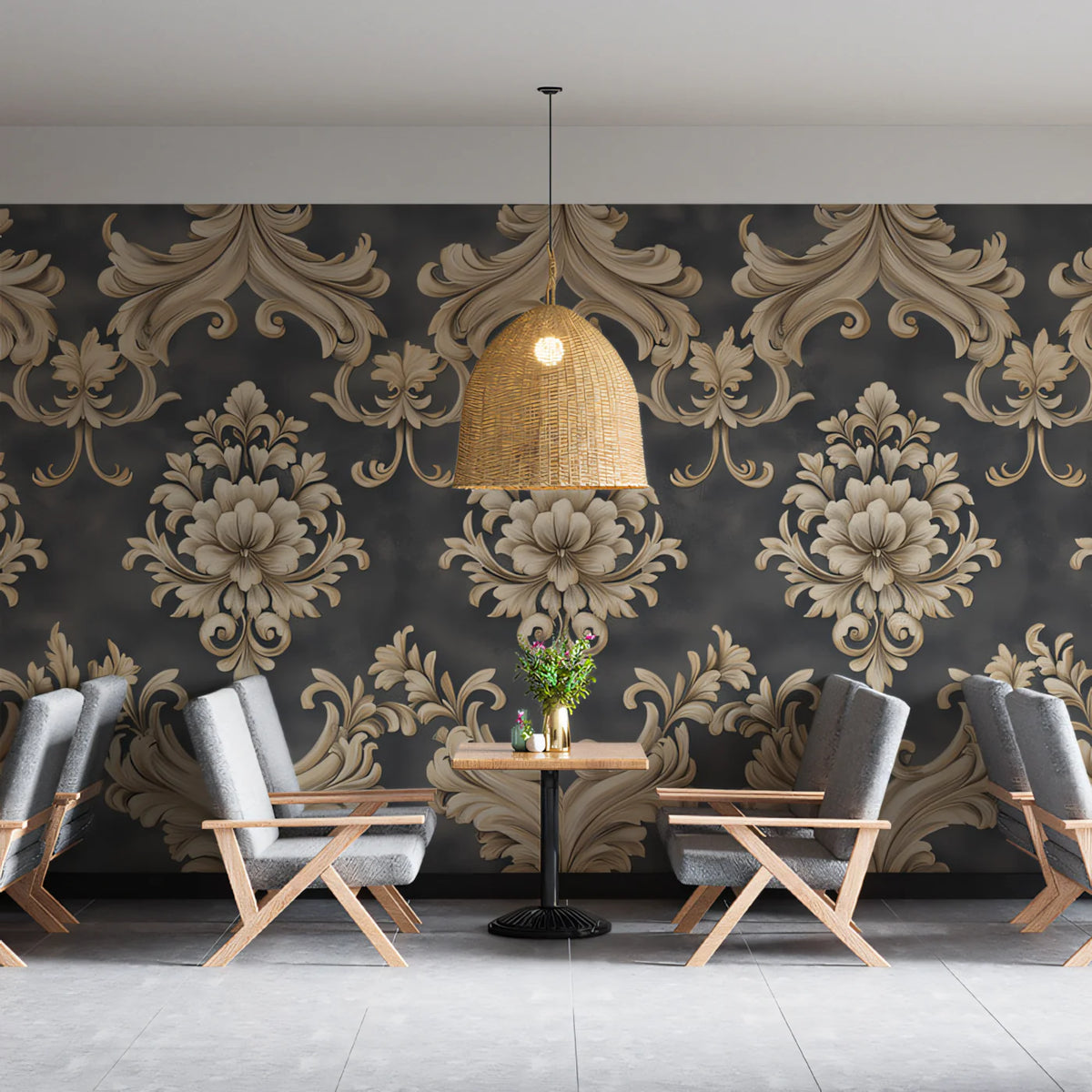 Damask Baroque Mural Wallpaper — Charcoal and Beige Ornate Design Mural Wallpaper - pure wallpaper artwork