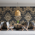 Damask Baroque Mural Wallpaper — Charcoal and Beige Ornate Design Mural Wallpaper - pure wallpaper artwork