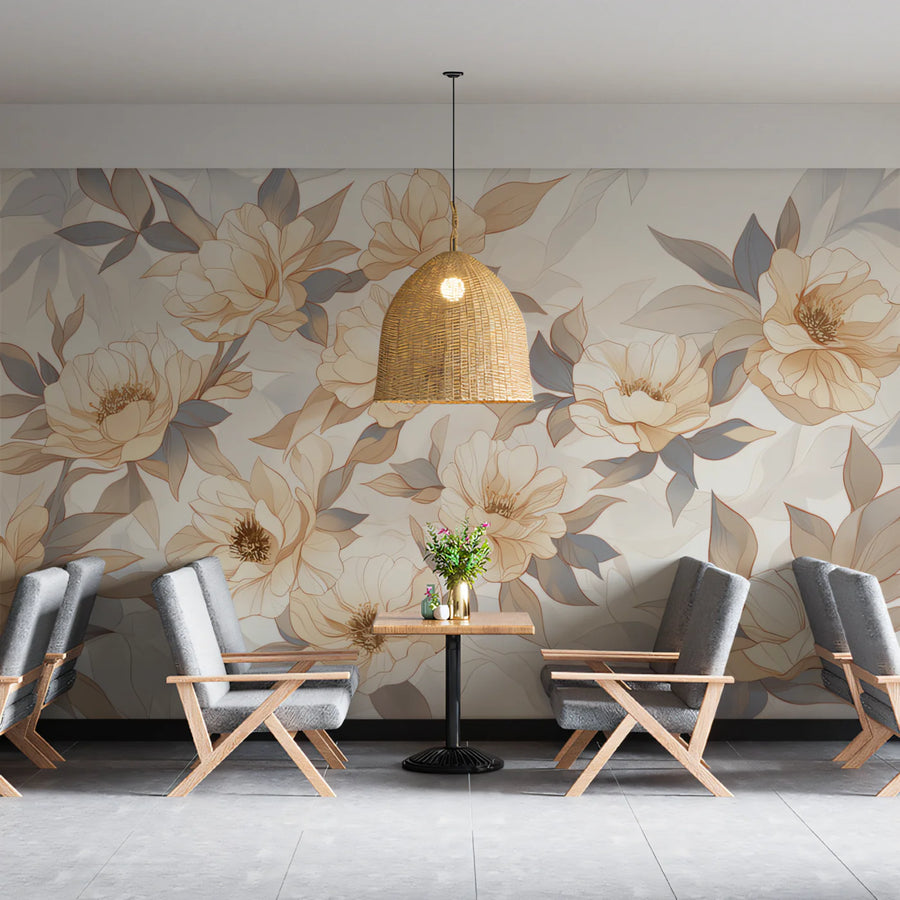 Minimalist Peony Garden Mural Wallpaper in Soft Neutral Tones Mural Wallpaper