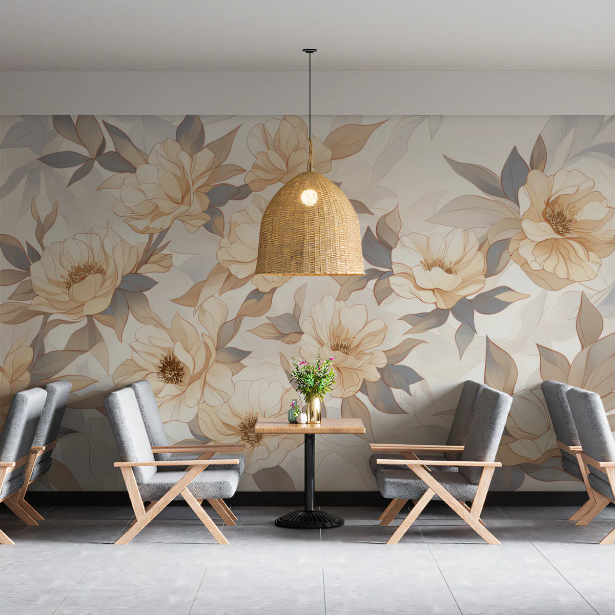 Minimalist Peony Garden Mural Wallpaper in Soft Neutral Tones Mural Wallpaper - pure wallpaper artwork