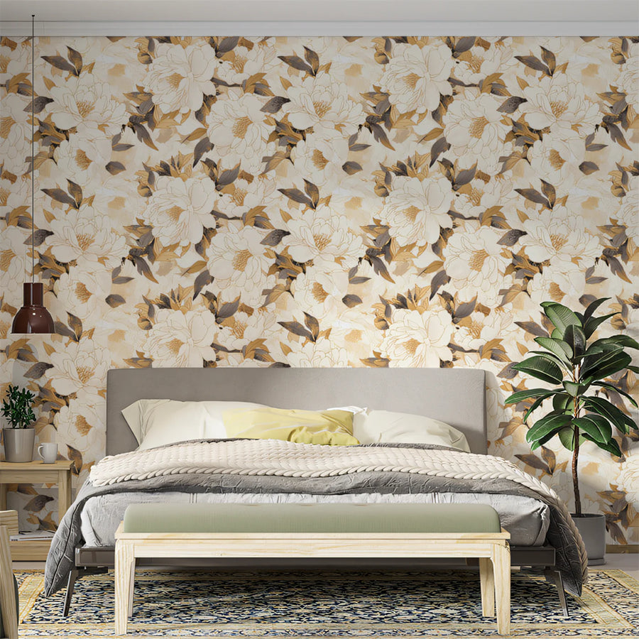 Vintage Botanical Floral Mural Wallpaper — Soft Ochre and Cream Mural Wallpaper