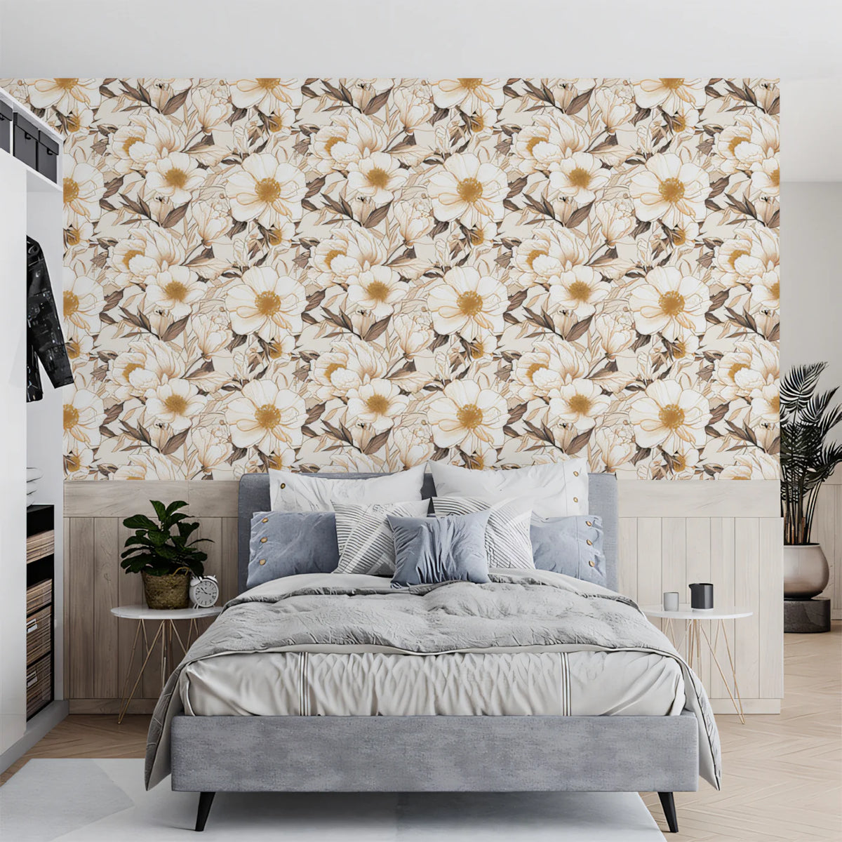 Vintage Floral Line Art Mural Wallpaper — Soft Ochre and Cream Mural Wallpaper - pure wallpaper artwork