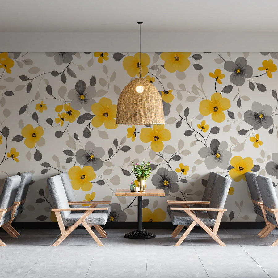 Sunshine Floral Mural Wallpaper —Modern Yellow and Gray Pattern Mural Wallpaper