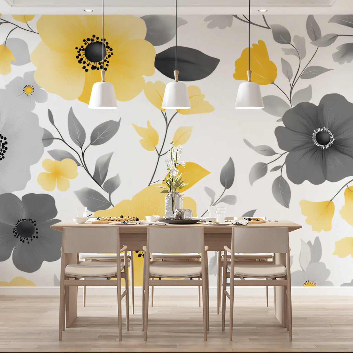 Sunlit Floral Mural Wallpaper in Yellow and Slate Gray Mural Wallpaper - pure wallpaper artwork
