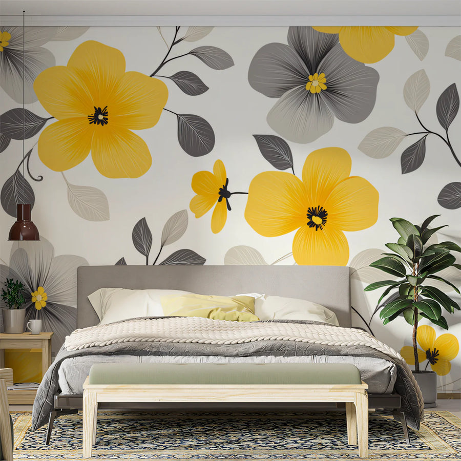 Yellow and Gray Floral - Modern Patterned Wallpaper for Bedroom Mural Wallpaper