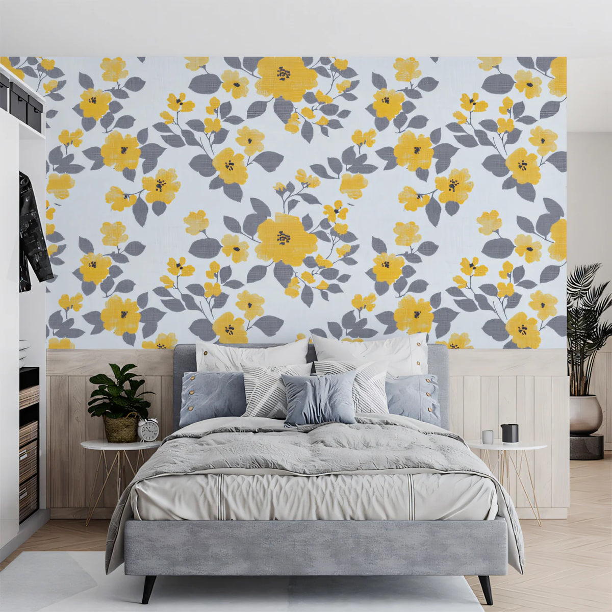 Sunlit Floral Mural Wallpaper —Modern Yellow and Charcoal Design Mural Wallpaper - pure wallpaper artwork