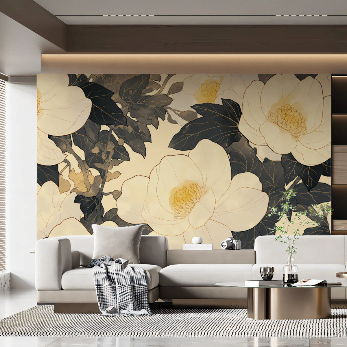 Cream and Charcoal Floral Mural Wallpaper — Artistic Botanical Mural Wallpaper - pure wallpaper artwork