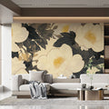 Cream and Charcoal Floral Mural Wallpaper — Artistic Botanical Mural Wallpaper - pure wallpaper artwork
