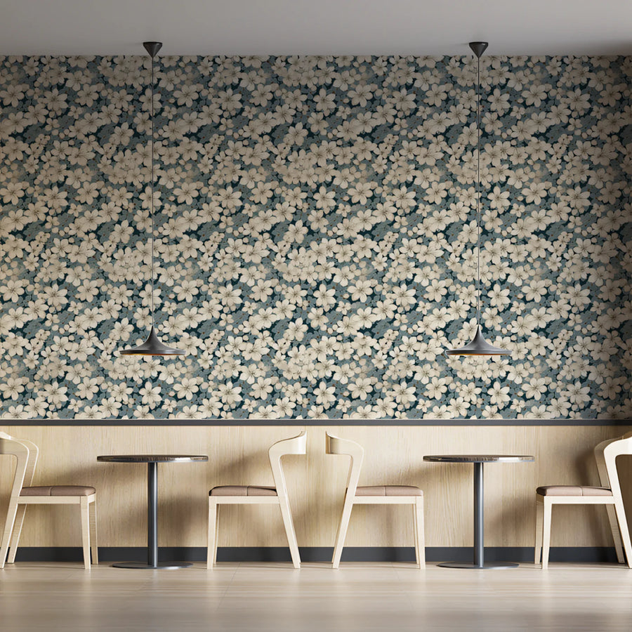 Small-Scale Floral Mural Wallpaper in Muted Blue-Green Mural Wallpaper