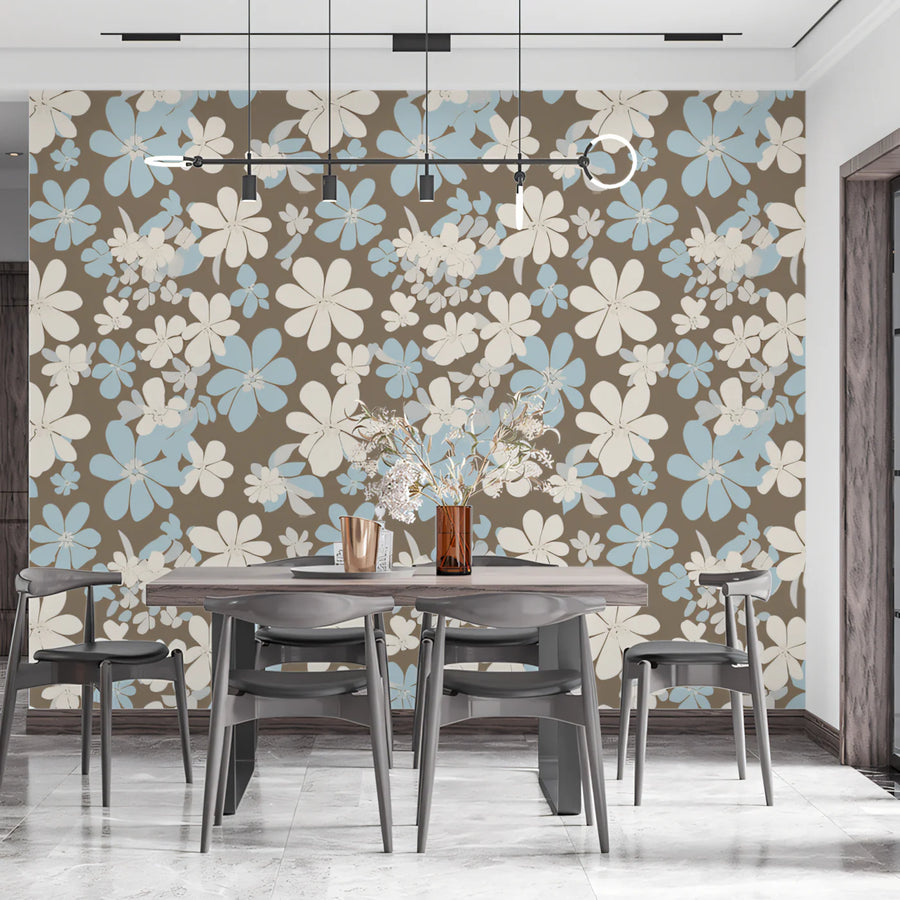 Small Scale Floral Mural Wallpaper — Muted Blue and Taupe Mural Wallpaper