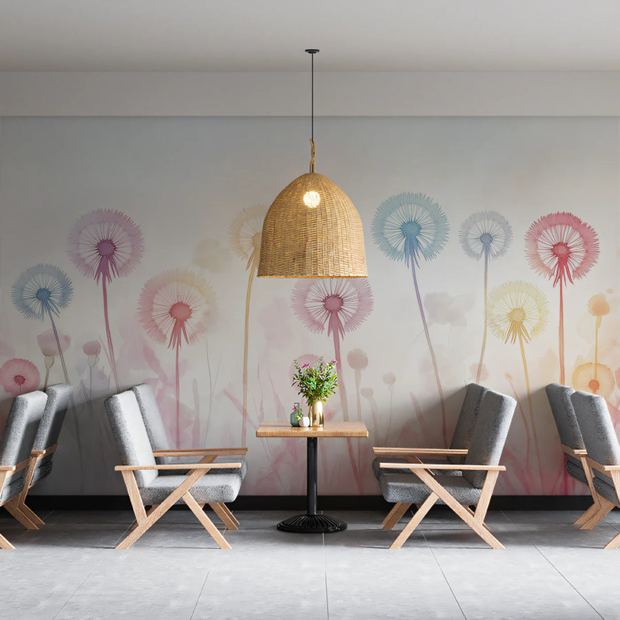 Whimsical Dandelion Field Mural Wallpaper — Watercolor Floral Mural Wallpaper