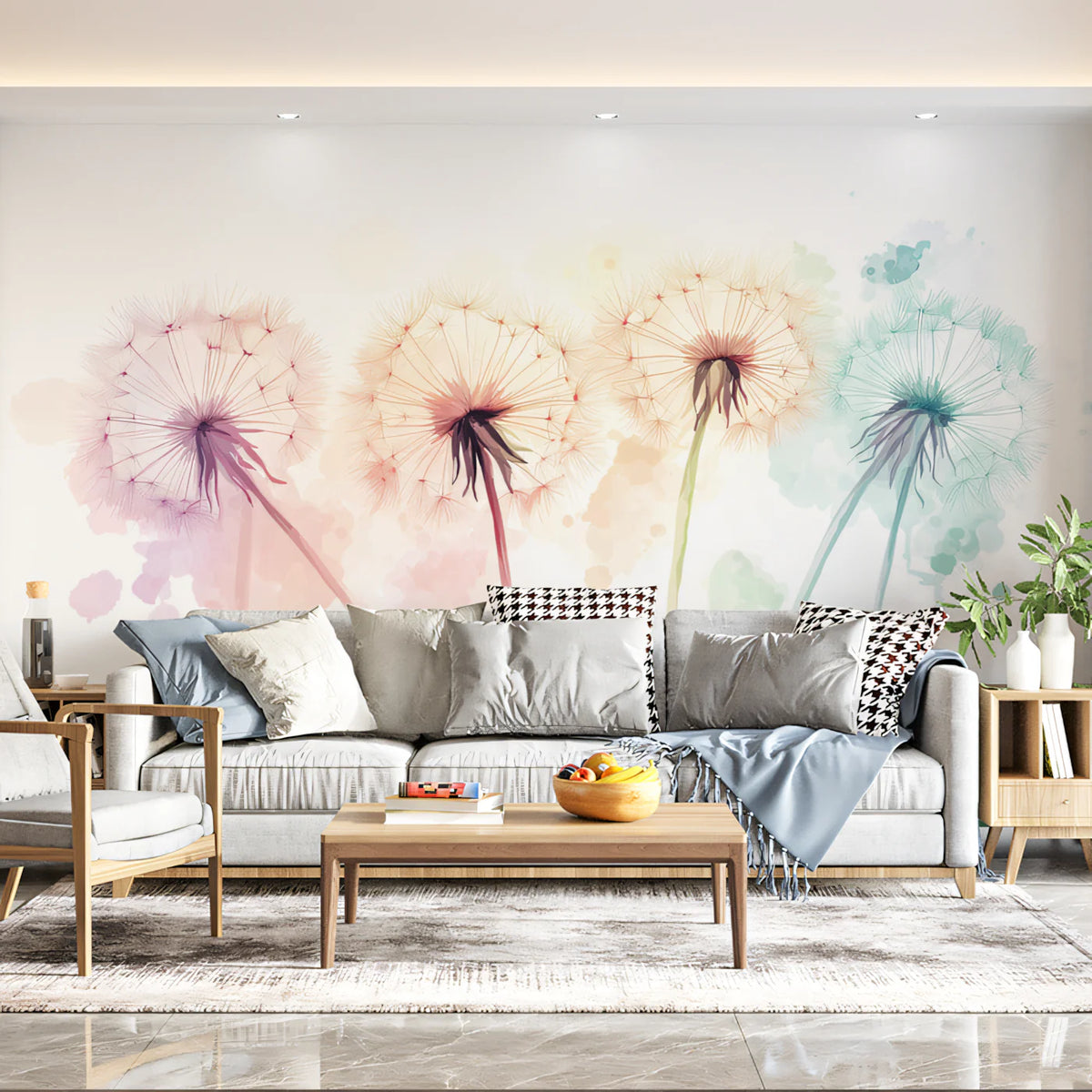 Watercolor Dandelion Mural Wallpaper — Soft Pastel Floral Design Mural Wallpaper - pure wallpaper artwork
