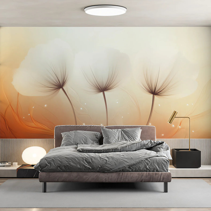 Ethereal Dandelion Floral Mural Wallpaper — Soft Peach and Cream Mural Wallpaper