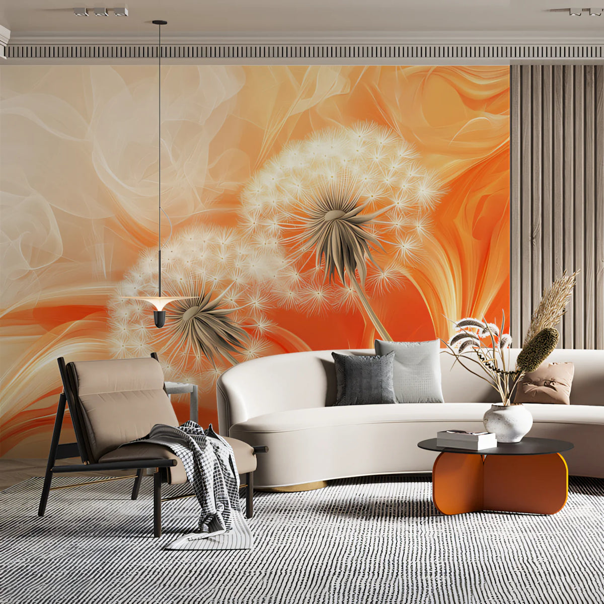 Floating Dandelion Seed Mural Wallpaper — Warm Gradient Sunset Mural Wallpaper - pure wallpaper artwork