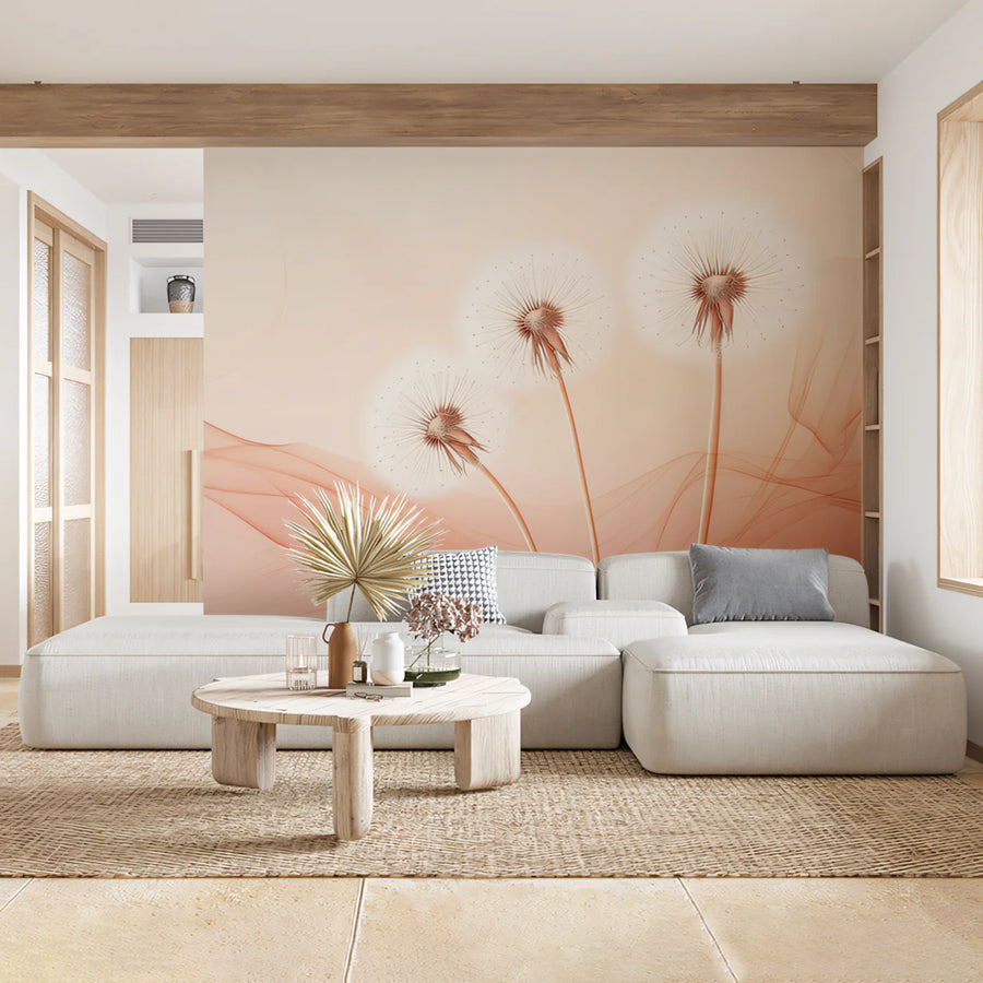 Ethereal Dandelion Meadow Mural Wallpaper — Soft Peach and Cream Mural Wallpaper