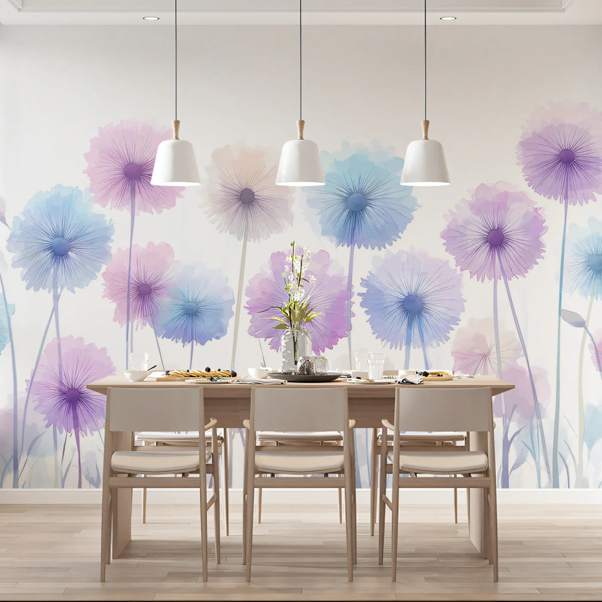Watercolor Dandelion Meadow Mural Wallpaper in Soft Pastels Mural Wallpaper - pure wallpaper artwork