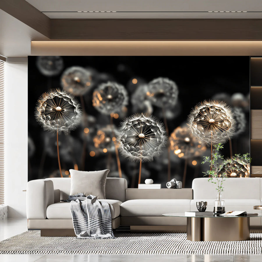 Floating Dandelion Seed Mural Wallpaper in Monochrome and Gold Mural Wallpaper