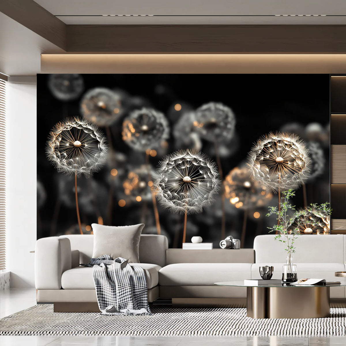 Floating Dandelion Seed Mural Wallpaper in Monochrome and Gold Mural Wallpaper - pure wallpaper artwork