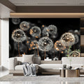 Floating Dandelion Seed Mural Wallpaper in Monochrome and Gold Mural Wallpaper - pure wallpaper artwork
