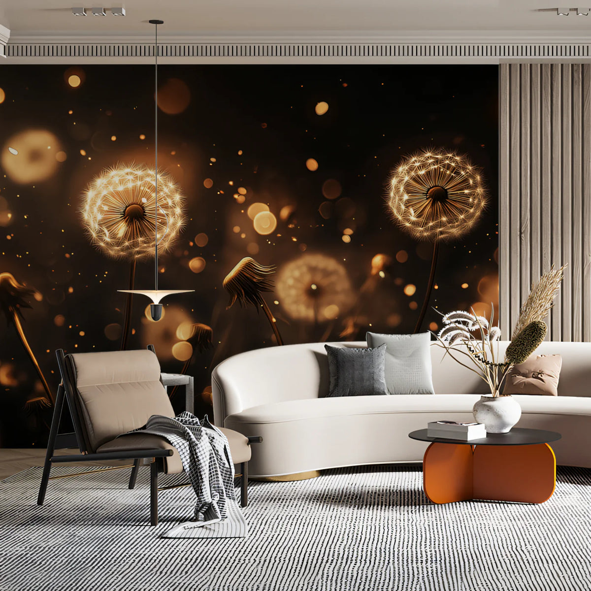 Golden Dandelion Seed Heads Mural Wallpaper — Glowing Botanical Mural Wallpaper - pure wallpaper artwork