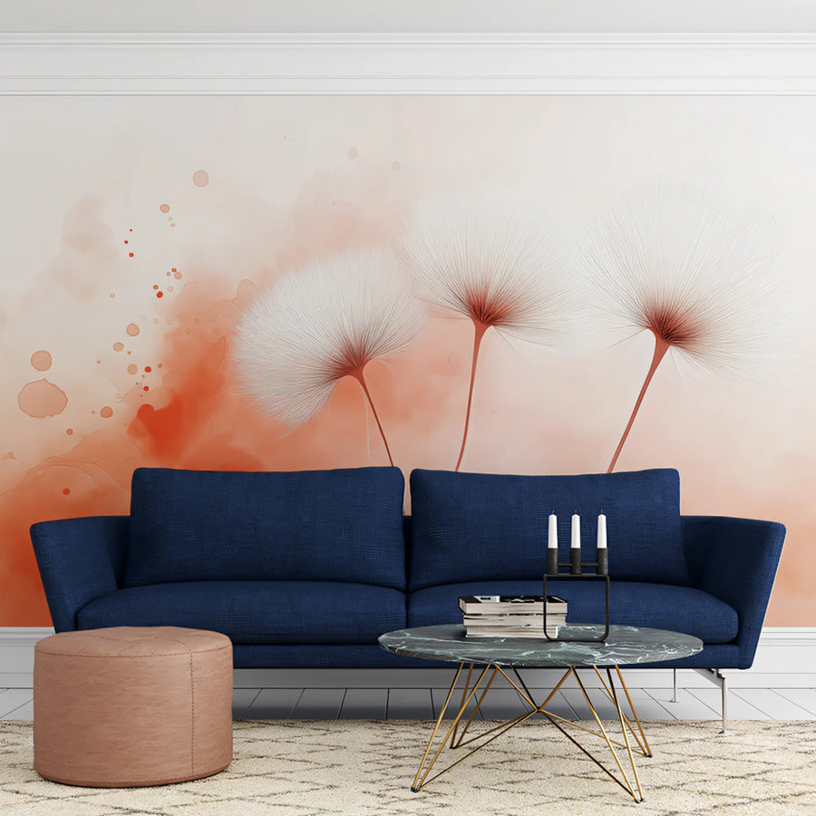 Floating Dandelion Seed Mural Wallpaper — Watercolor Art Mural Wallpaper