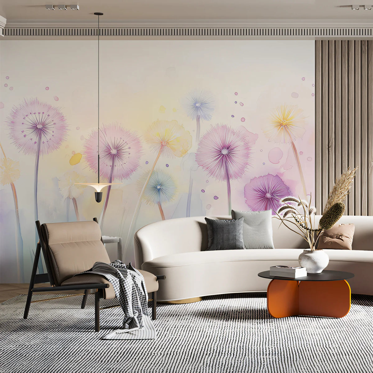 Floating Dandelion Floral Mural Wallpaper — Soft Watercolor Art Mural Wallpaper - pure wallpaper artwork