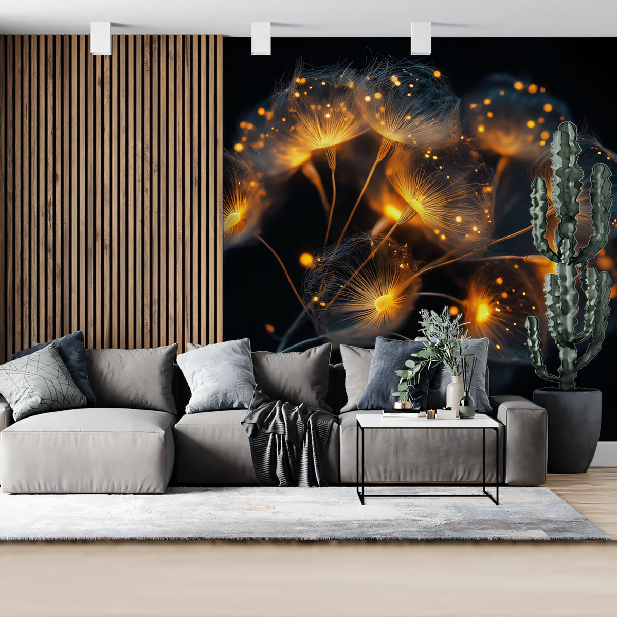 Luminous Dandelion Seed Mural Wallpaper — Dark Floral Design Mural Wallpaper - pure wallpaper artwork