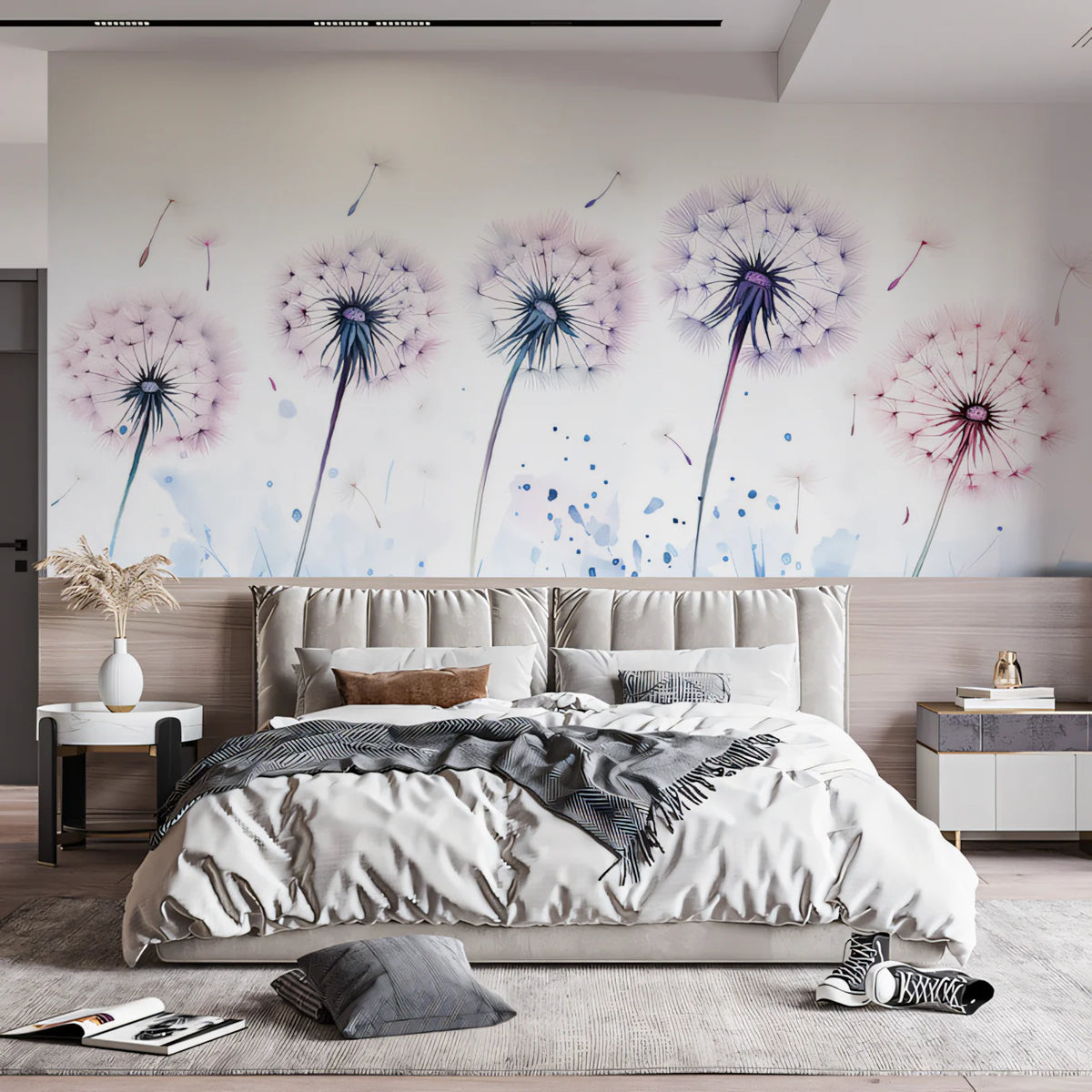 Dandelion Drift Mural Wallpaper — Minimalist Floral Design Mural Wallpaper - pure wallpaper artwork