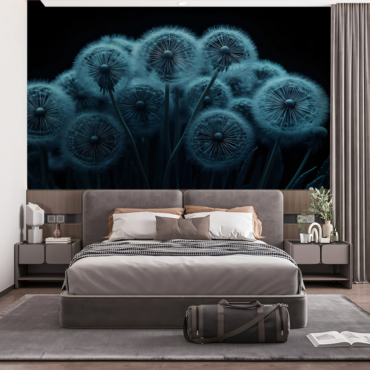 Dandelion Macro Mural Wallpaper — Minimalist Blue and Charcoal Mural Wallpaper - pure wallpaper artwork