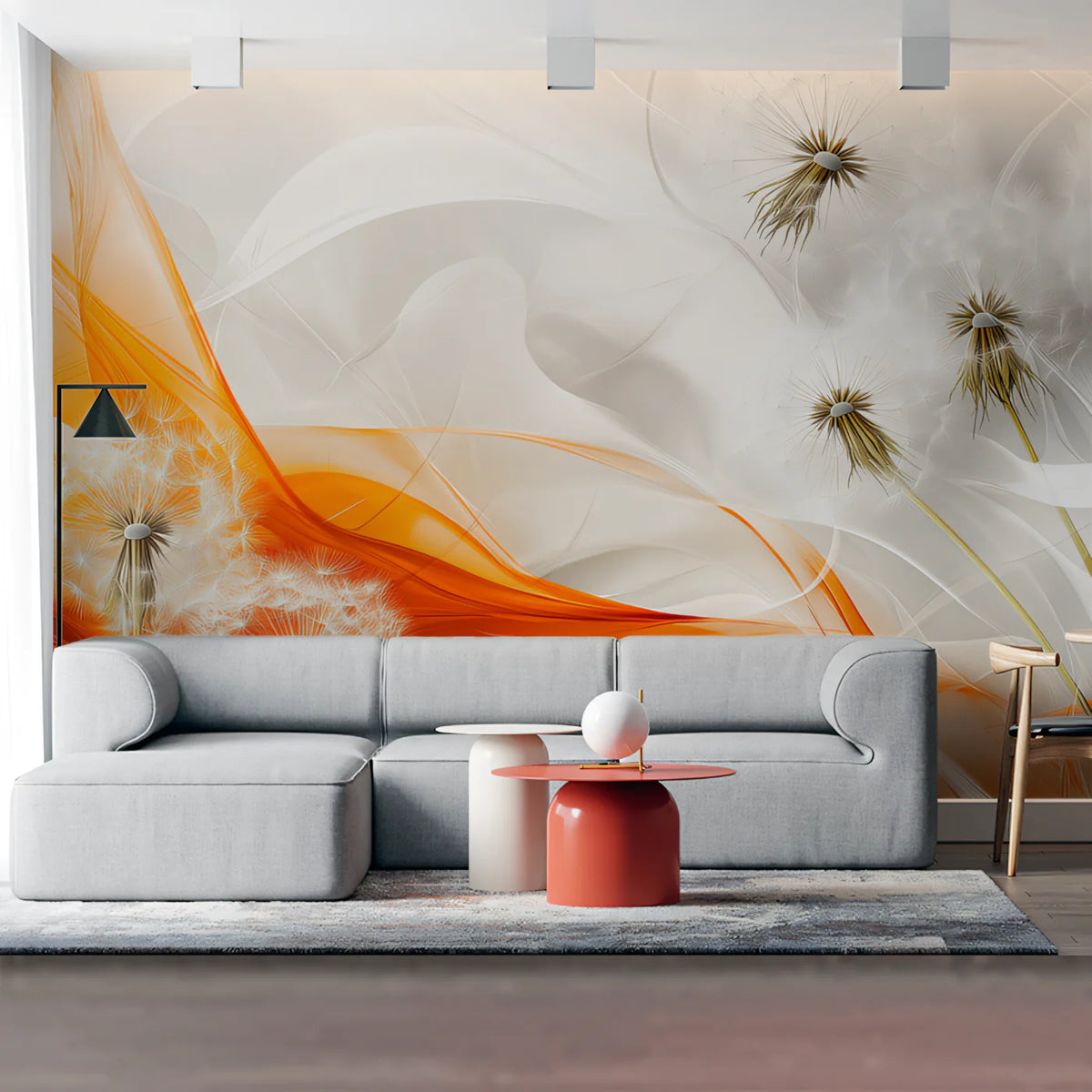 Abstract Dandelion Wave Mural Wallpaper — Modern Orange and White Mural Wallpaper - pure wallpaper artwork