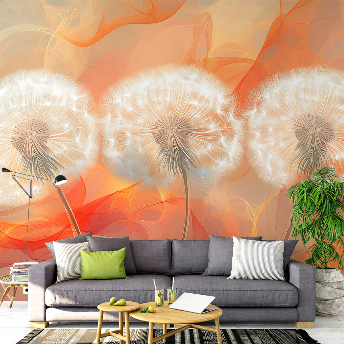 Abstract Dandelion Breeze Mural Wallpaper — Warm Oranges Mural Wallpaper - pure wallpaper artwork