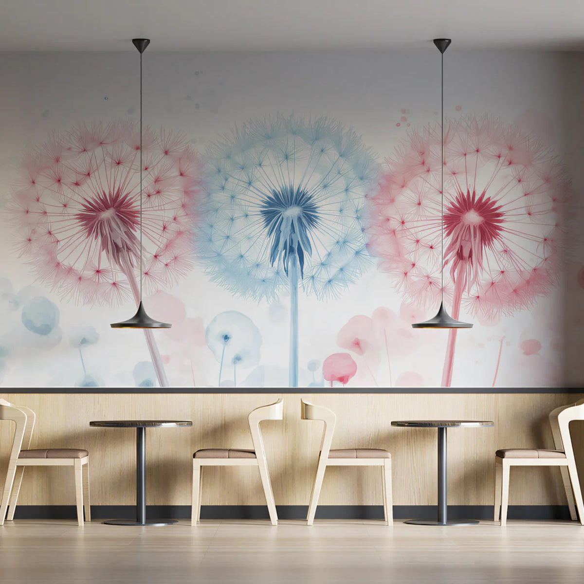 Watercolor Dandelion Trio Mural Wallpaper —Soft Pastel Art Mural Wallpaper - pure wallpaper artwork