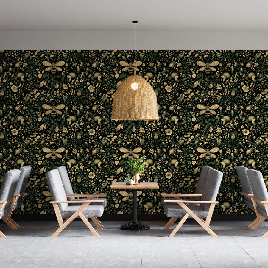 Bee and Meadow Floral Mural Wallpaper — Moody Botanical Print Mural Wallpaper
