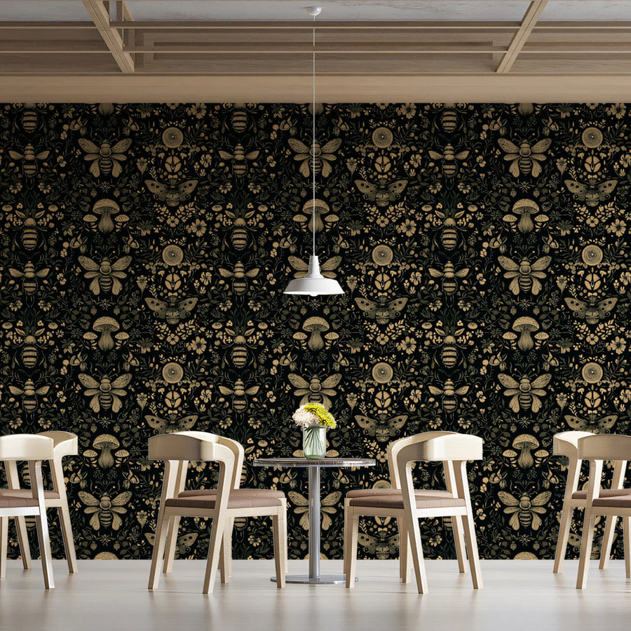 Vintage Botanical Bee and Mushroom Mural Wallpaper