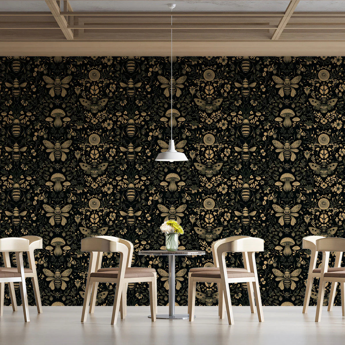Vintage Botanical Bee and Mushroom Mural Wallpaper - pure wallpaper artwork