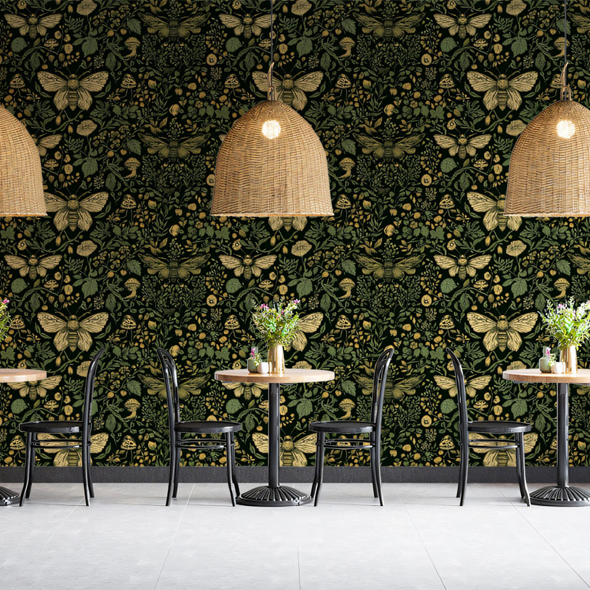 Vintage Botanical Bee Mural Wallpaper in Dark Green and Ochre Mural Wallpaper - pure wallpaper artwork