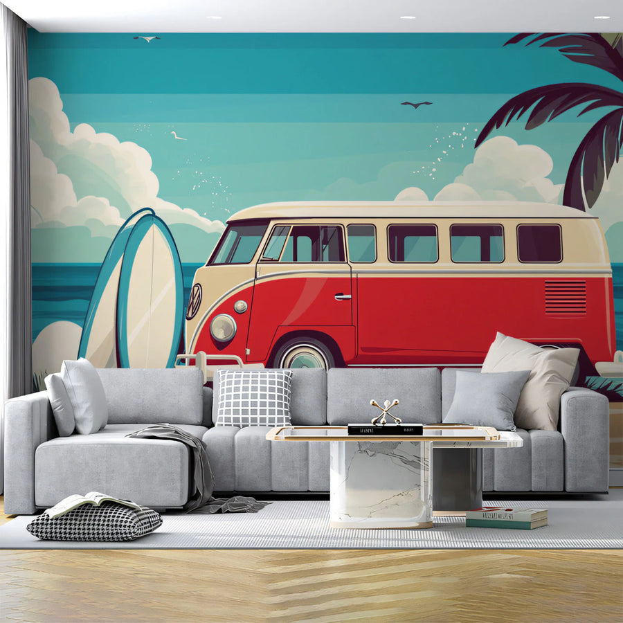 Vintage Surf Van Mural Wallpaper — Coastal Nostalgia Design Mural Wallpaper