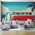 Vintage Surf Van Mural Wallpaper — Coastal Nostalgia Design Mural Wallpaper - pure wallpaper artwork