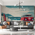 Vintage Surf Van and Coastal Wave Mural Wallpaper - pure wallpaper artwork